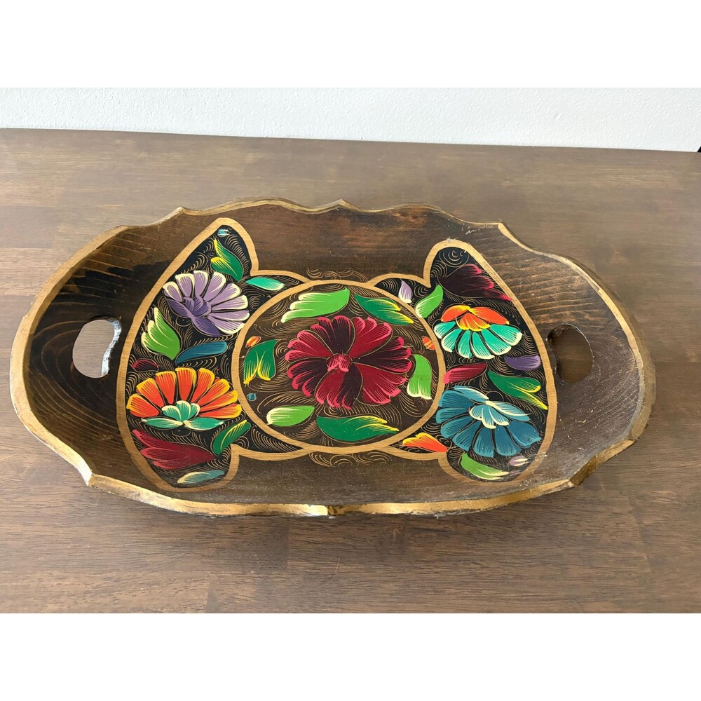 Vintage Mexican Batea Hand Painted Oblong Wooden Floral Tray With Handles